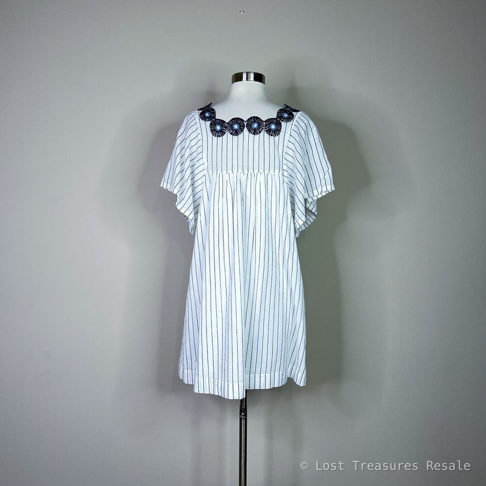 Madewell | White Navy Stripe Embroidered Flutter Sleeve Shift Cotton Dress Small - Picture 6 of 10